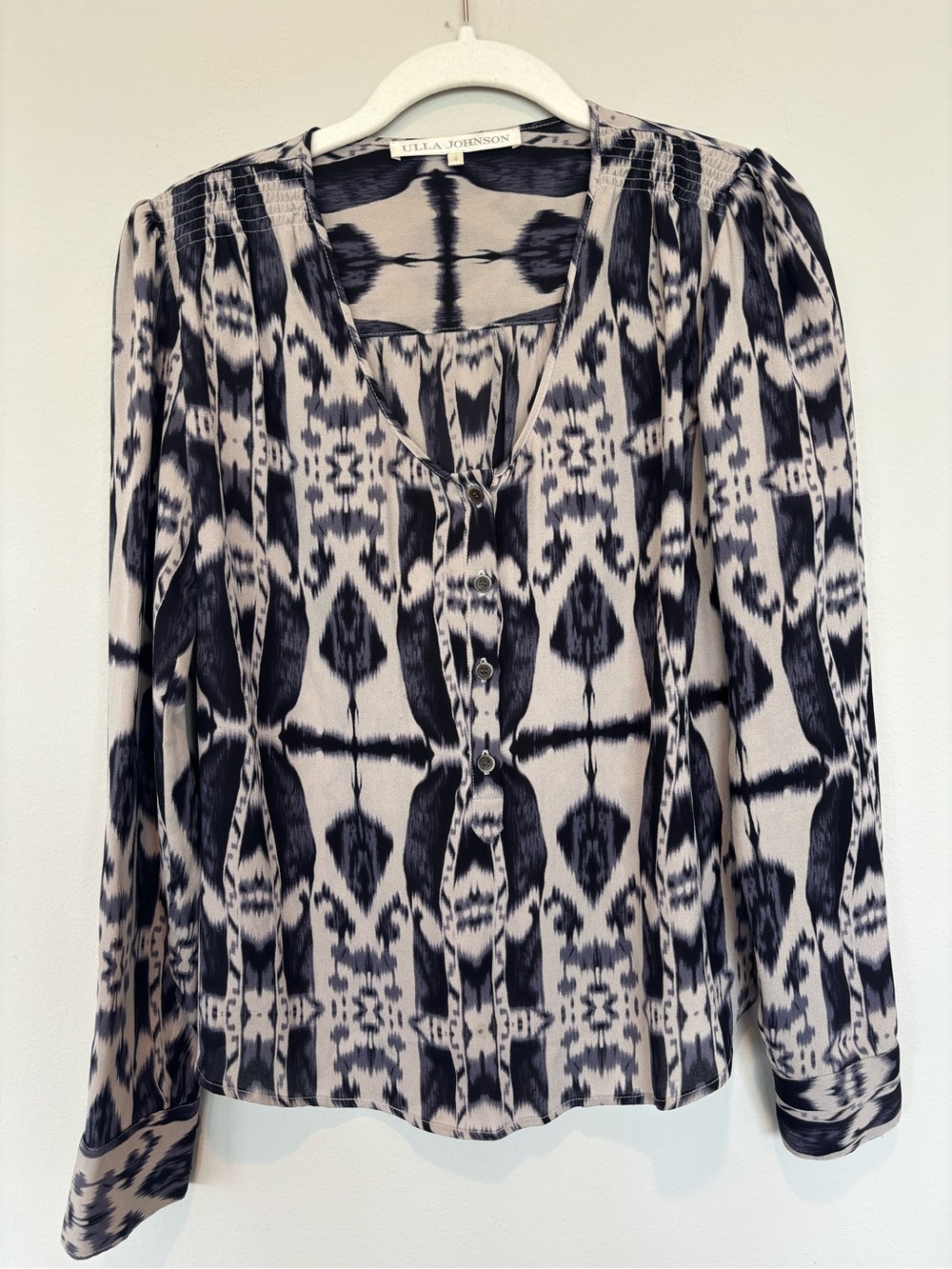 Ulla Johnson Black & Cream Ikat Print Silk Button-Front Blouse